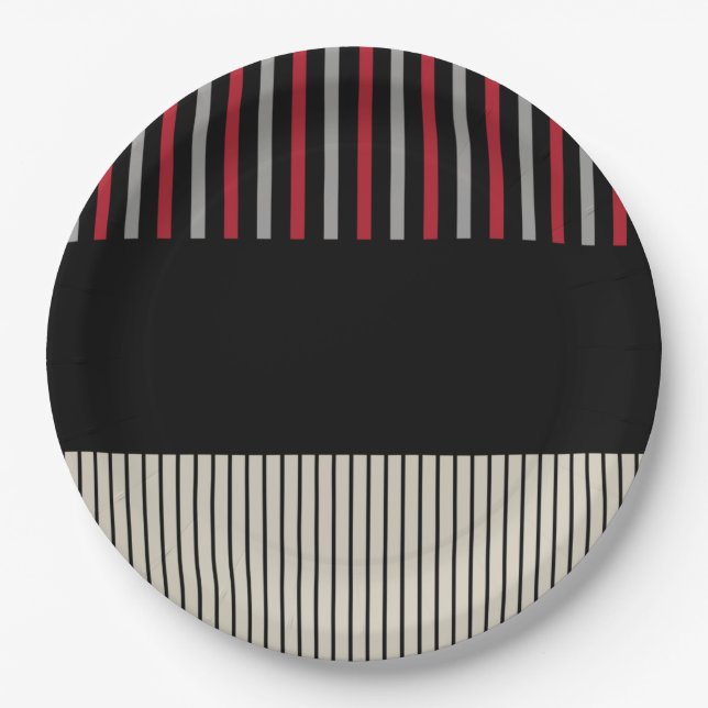 Colour Pop Stripes-Red, Grey, Black and Bone White Paper Plate (Front)