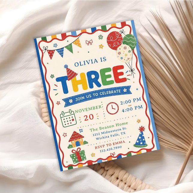 Colour Pop THREE Birthday Party Invitation (Creator Uploaded)