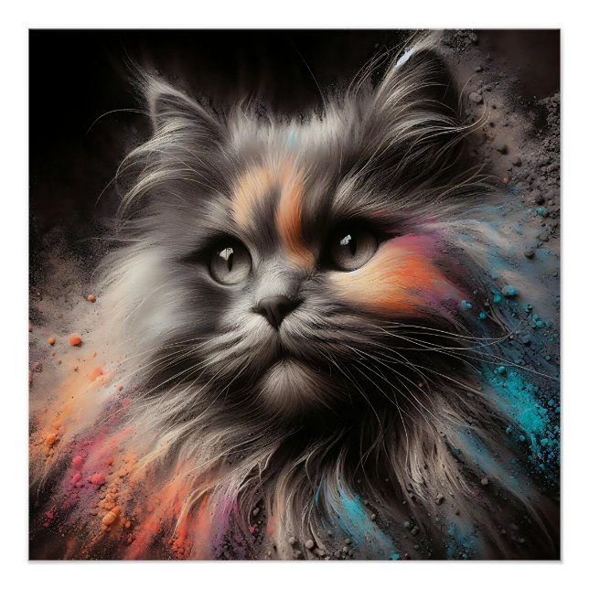Colour Splash Abstract Feline Art Long-Haired Cat  Poster (Front)