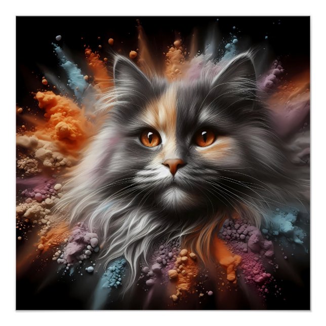 Colour Splash Abstract Feline Art Long-Haired Cat  Poster (Front)