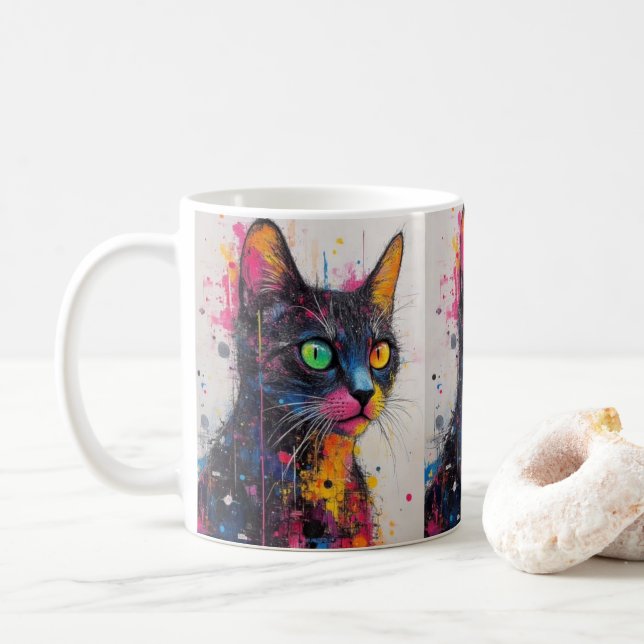 Colour Splash Cat Coffee Mug – Vibrant Gift for Ca (With Donut)