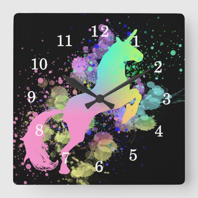 Colour Splash Fantasy Rainbow Unicorn Square Wall Clock (Front)