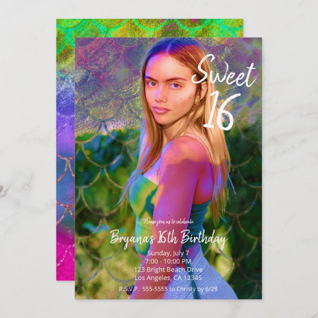 Colour Splash Mermaid Photo Sweet 16 Party    Invitation (Front/Back)