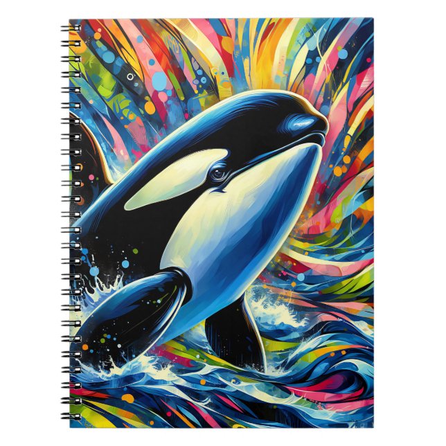 Colour Splash Orca – Vibrant Ocean Art Notebook (Front)