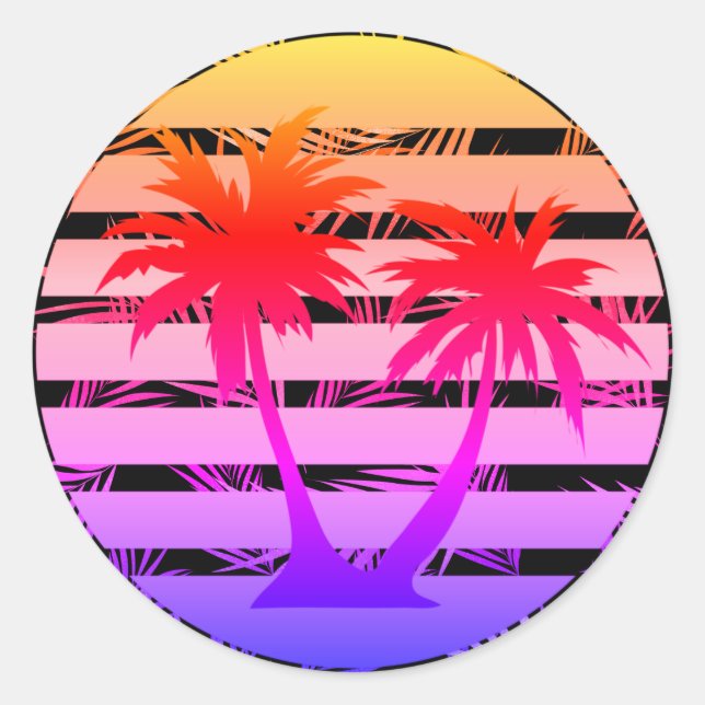 Colour Splash Palm Tree Silhouette Black Stripe  Classic Round Sticker (Front)