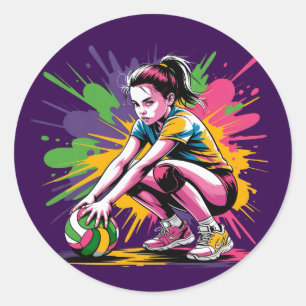 Colour Splash Volleyball Girl Birthday Party Classic Round Sticker