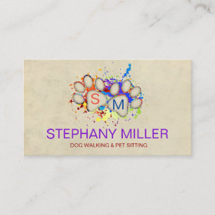 Colour Splatter Paws Monogram - Dog Walker /Sitter Business Card