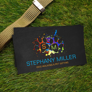 Colour Splatter Paws Monogram - Dog Walker /Sitter Business Card