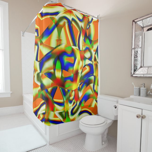 Colour stains on curved greenish beige strips shower curtain (In Situ)