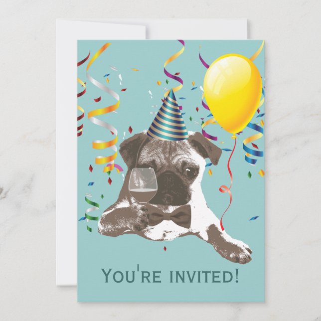 Colour Streamers Pug Birthday Party Invitations (Front)