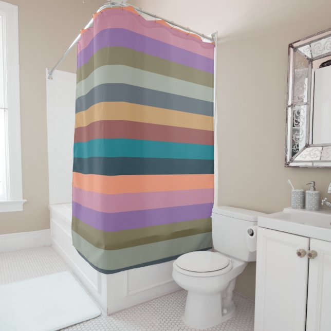 Colour stripes in colourful pastel shower curtain (In Situ)
