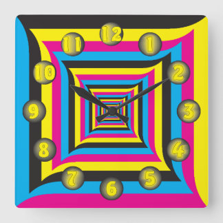 colour swatches yellow cyan magenta black square wall clock