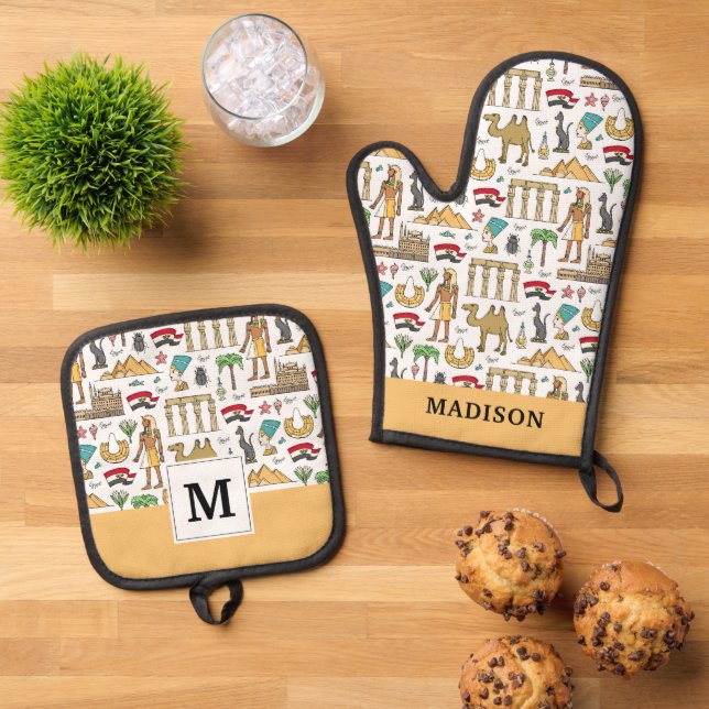 Colour Symbols of Egypt Pattern Oven Mitt & Pot Holder Set (Top Down)