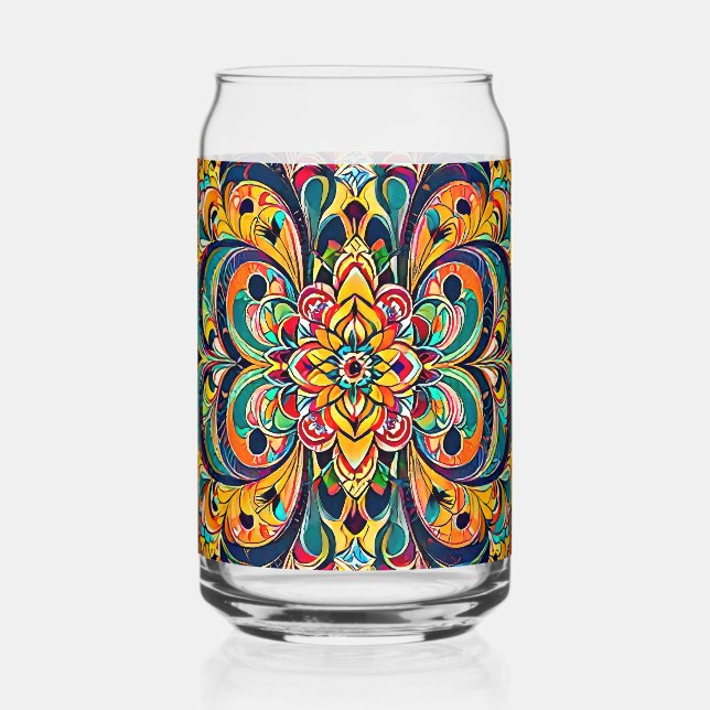Colour Symphony Mandala – Bold Psychedelic Floral Can Glass (Front)