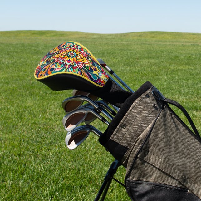 Colour Symphony Mandala – Bold Psychedelic Floral Golf Head Cover (In Situ)