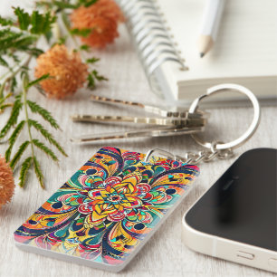 Colour Symphony Mandala – Bold Psychedelic Floral Key Ring
