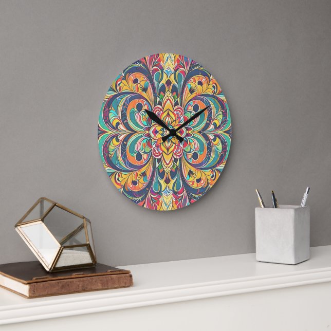 Colour Symphony Mandala – Bold Psychedelic Floral Large Clock (Office)
