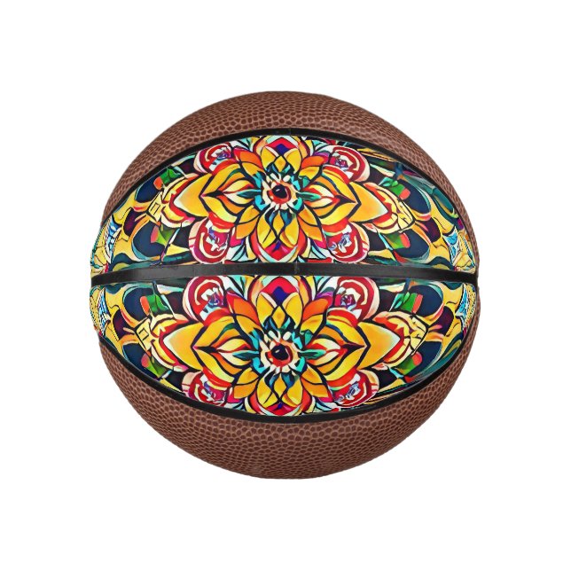 Colour Symphony Mandala – Bold Psychedelic Floral Mini Basketball (Front)