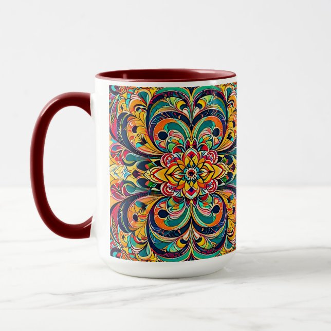Colour Symphony Mandala – Bold Psychedelic Floral Mug (Left)