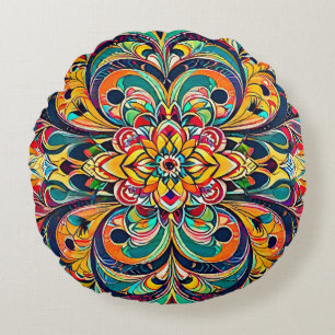 Colour Symphony Mandala – Bold Psychedelic Floral Round Cushion