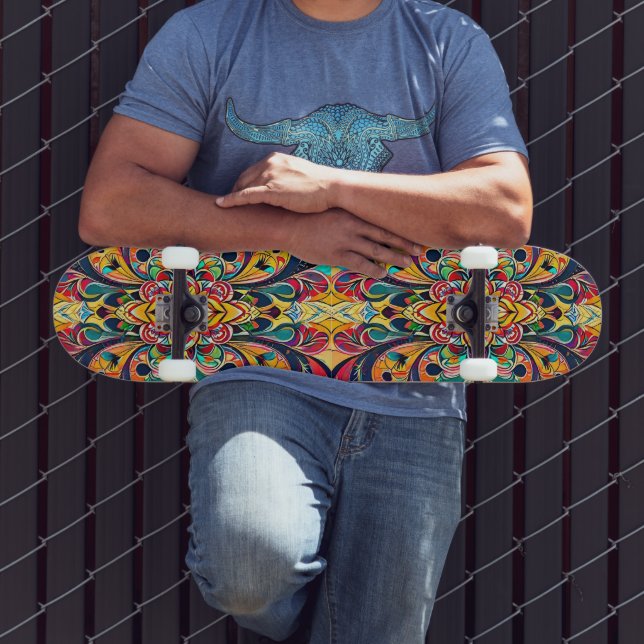 Colour Symphony Mandala – Bold Psychedelic Floral Skateboard (Outdoor 3)