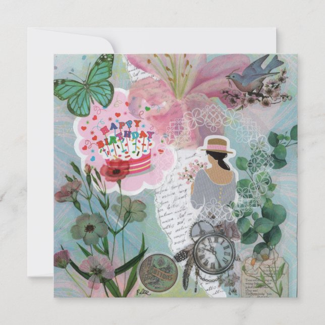 Colour Teal Floral Birthday Flat Greeting Card (Front)