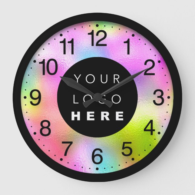 Colour Therapy Holographic Pink Modern Custom Logo Large Clock (Front)