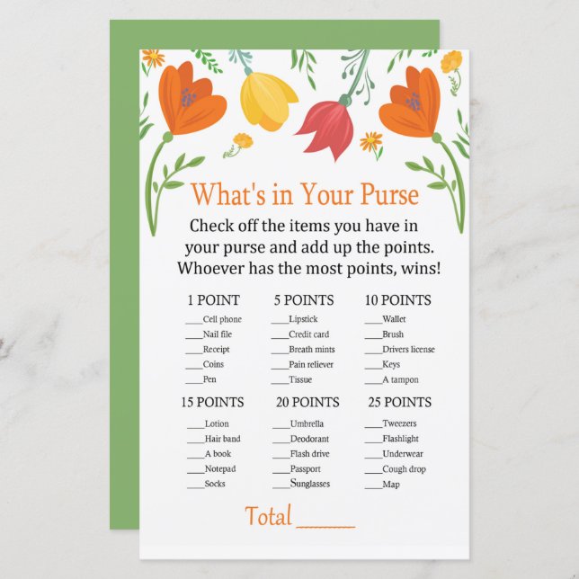 Colour tulips What's in your purse game (Front/Back)