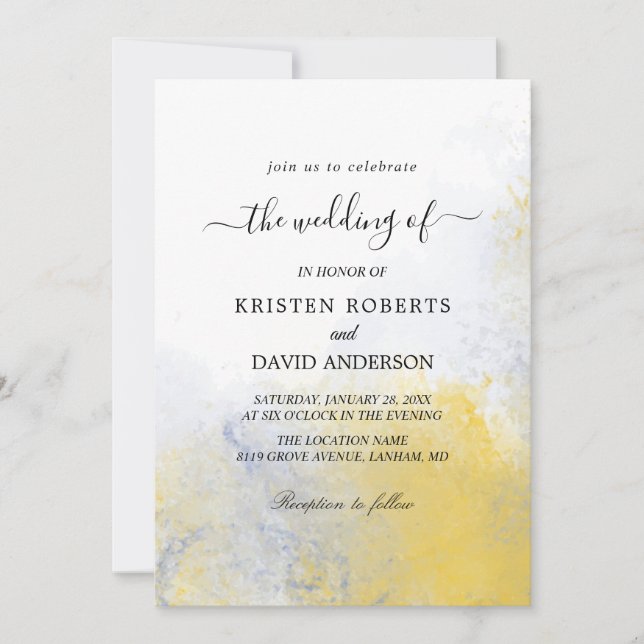 colour wash yellow and blue wedding invitation (Front)