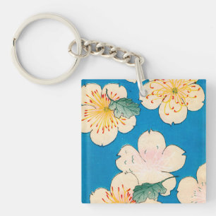 Colour Woodblock Print of Dogwood Blossoms Key Ring