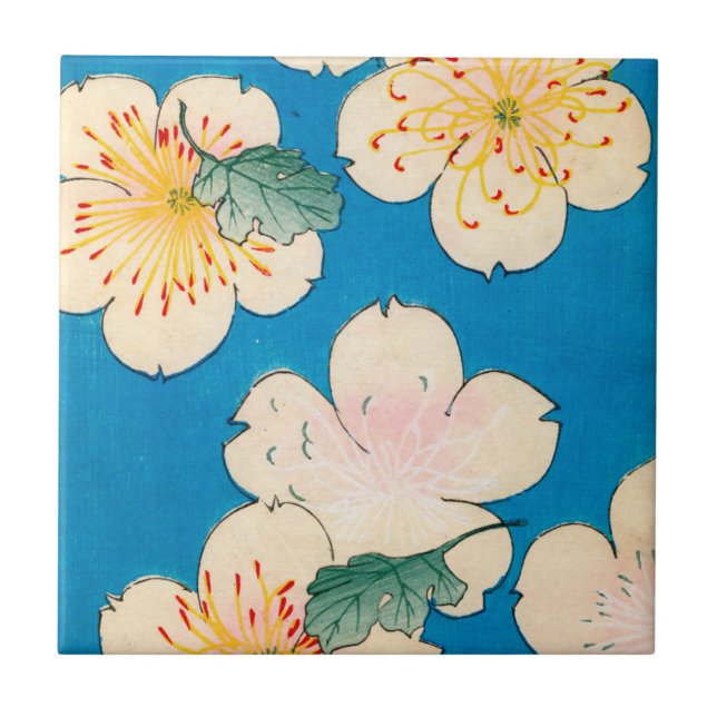 Colour Woodblock Print of Dogwood Blossoms Tile (Front)