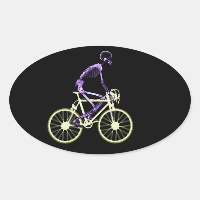 Colour X-Ray Skeleton Riding Bike Oval Sticker (Front)
