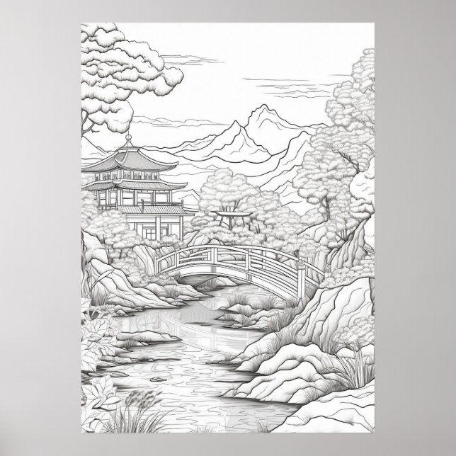 Colour Your Own Asian Landscape Adult Colouring Poster (Front)