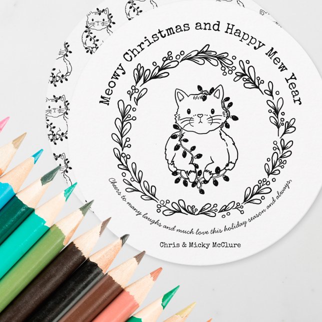 Colour Your Own Cat Circle Christmas Holiday Card (Creator Uploaded)