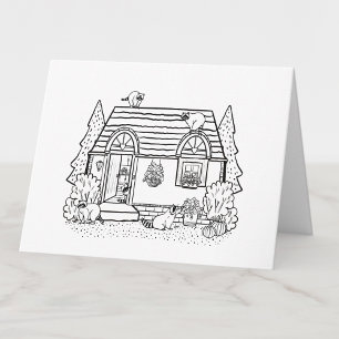 Colour Your Own Cosy House and Raccoons Blank Thank You Card