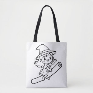 Colour Your Own Kawaii Witch Broomstick Summer Tote Bag