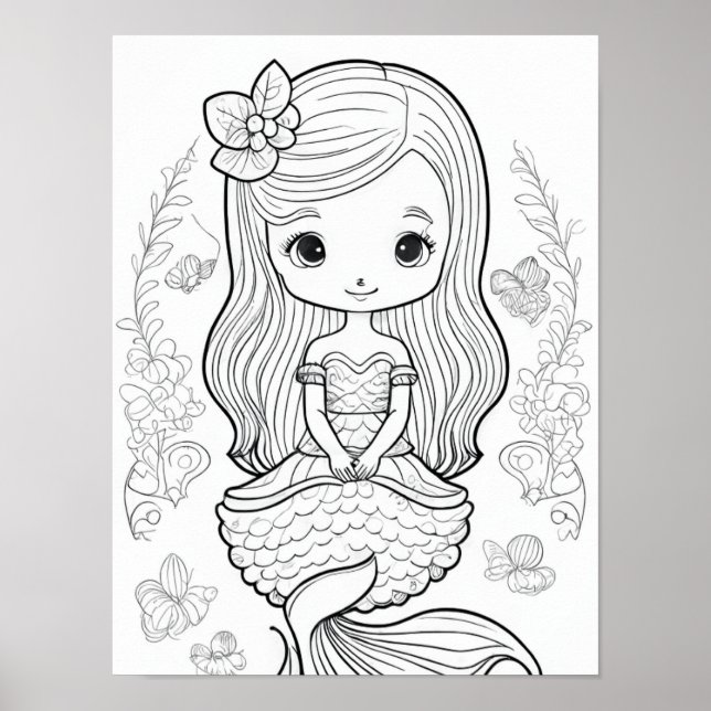 Colour Your Own Mermaid Black Line Drawing Poster (Front)