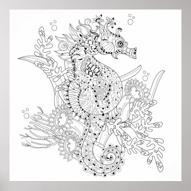 Colour Your Own Seahorse Adult Colouring Poster (Front)