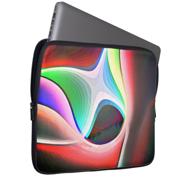 Coloured abstract shape of curved clippings overla laptop sleeve (Front Right)