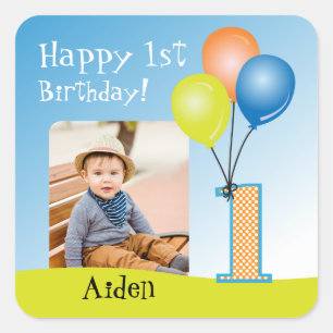 Coloured Balloons Child's 1st Birthday Photo Square Sticker