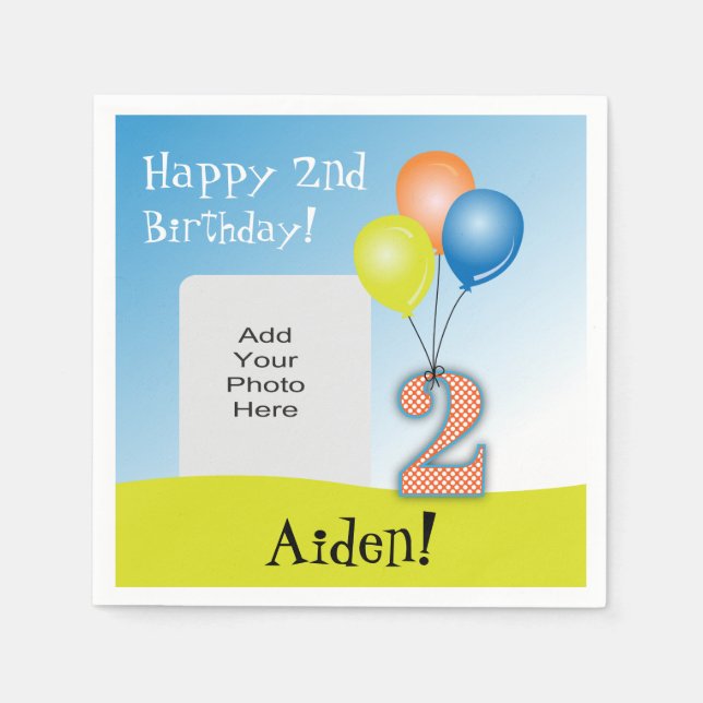 Coloured Balloons Child's 2nd Birthday Photo Napkin (Front)