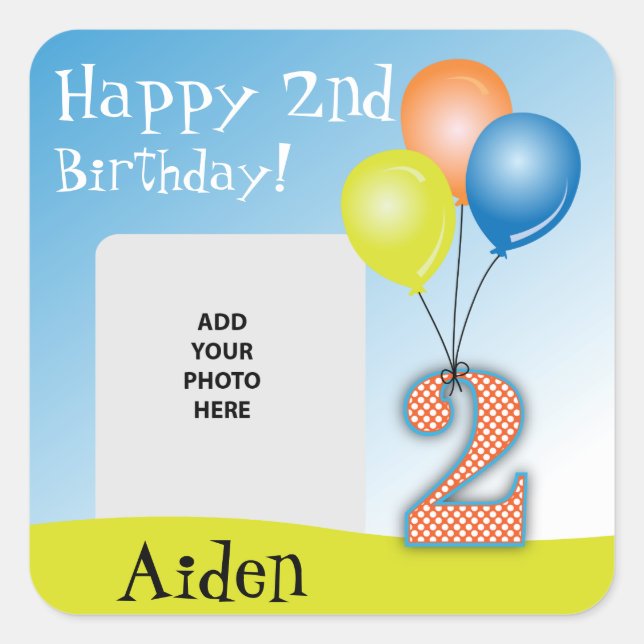 Coloured Balloons Child's 2nd Birthday Photo Square Sticker (Front)