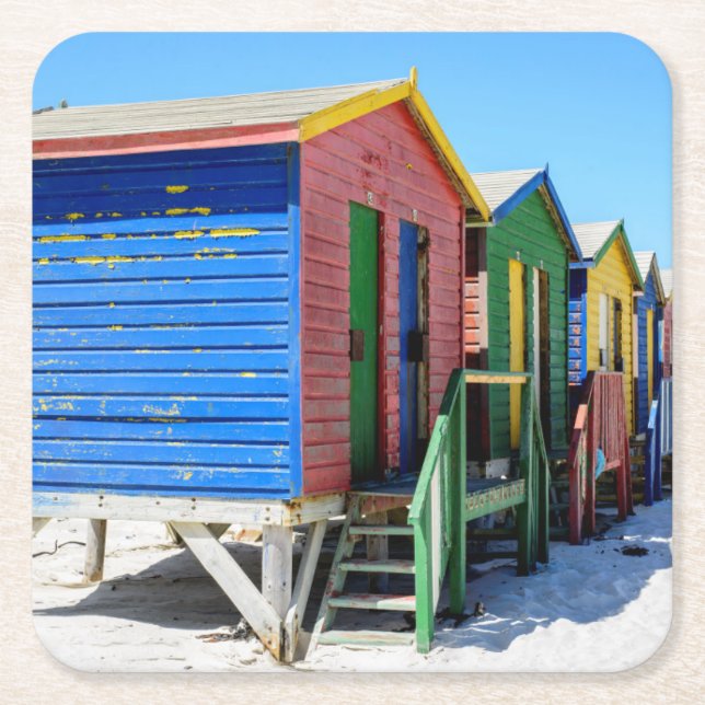 Coloured Beach Huts Square Paper Coaster (Front)