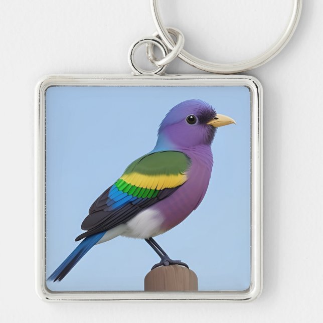 Coloured Bird Perched on a Wooden Post Key Ring (Front)