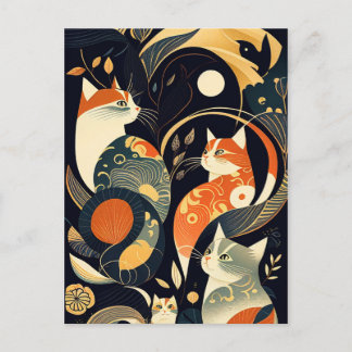 Coloured cats illustration postcard
