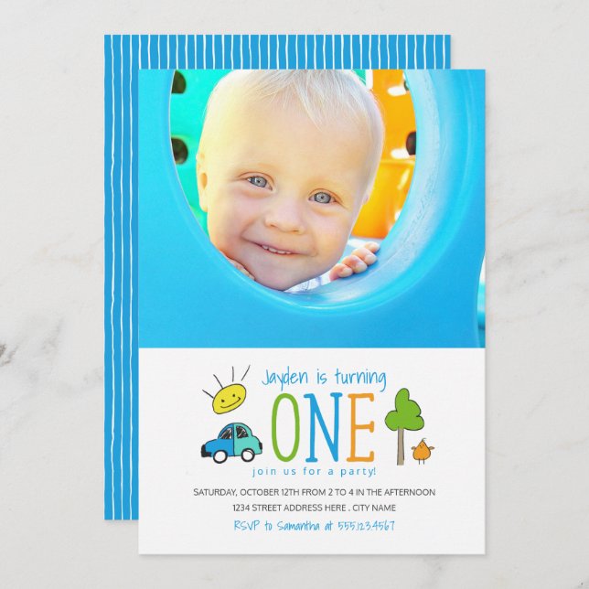 Coloured Doodles 1st Birthday Party Car Sunshine Invitation (Front/Back)
