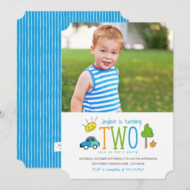 Coloured Doodles 2nd Birthday Party Invite / Car (Front/Back)