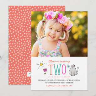 Coloured Doodles 2nd Birthday Party Invite   Kitty