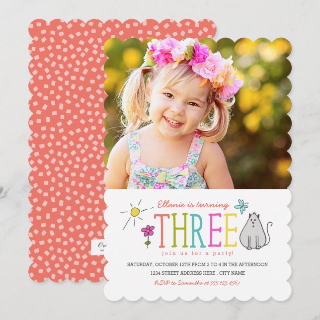 Coloured Doodles 3rd Birthday Party Invite | Kitty (Front/Back)