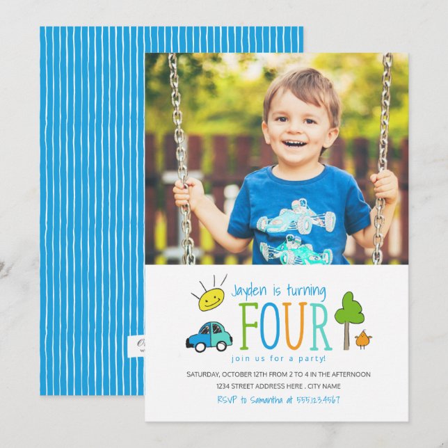 Coloured Doodles 4th Birthday Party Invite / Car (Front/Back)